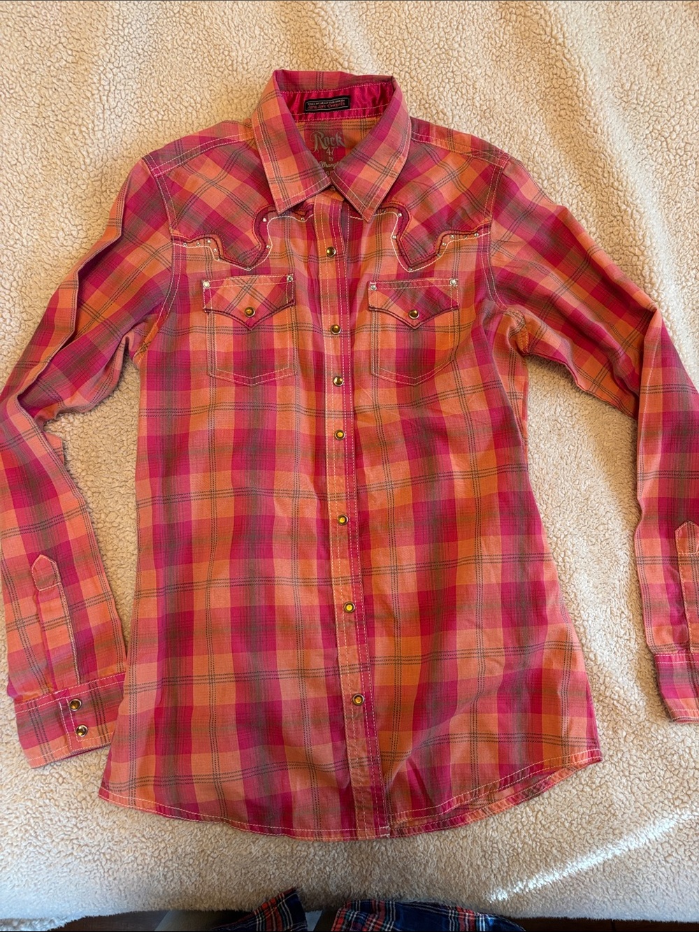 Wrangler Pink and Orange Plaid Western Snap Shirt - Fitted Style